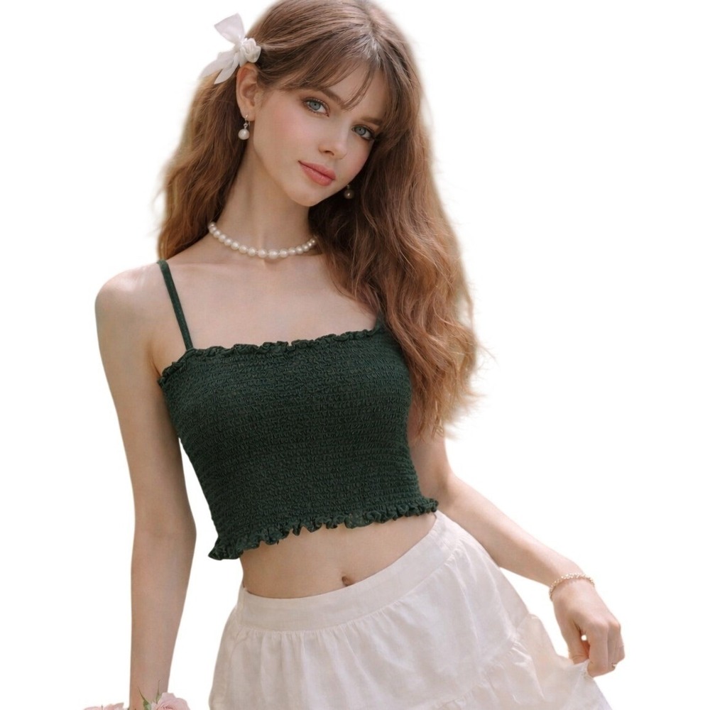 WEEKDAY Kayden Smocked Crop Tank‎ Dark Green coquette S